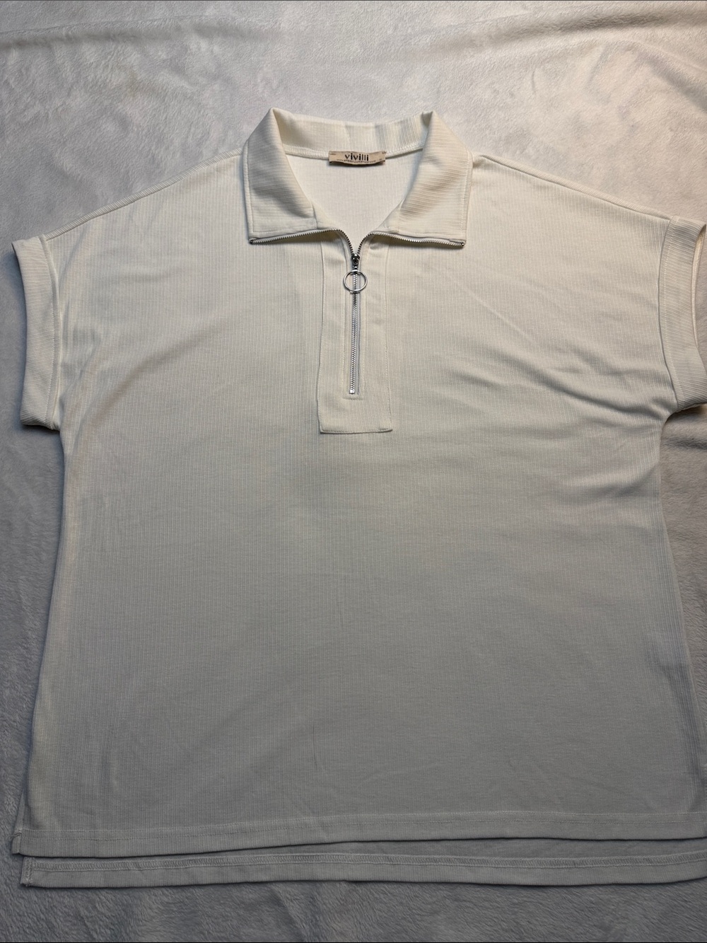 ViVilli white Zip-Neck Ribbed Collar Top